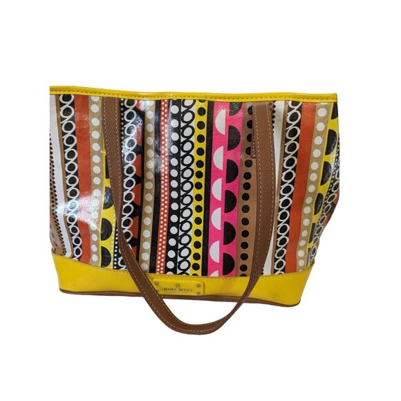 Nine West Yellow Tote Bag With Geometric Striped Pattern Faux Leather Colorful - Picture 3 of 10